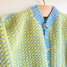 Load image into Gallery viewer, Sweetest buttercup yellow and blue hand knitted cardigan // Approx. 12 months+