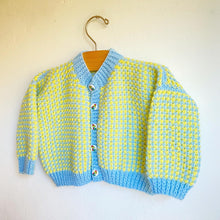 Load image into Gallery viewer, Sweetest buttercup yellow and blue hand knitted cardigan // Approx. 12 months+