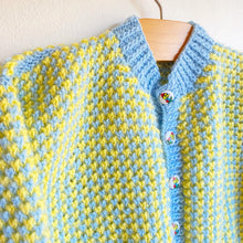 Load image into Gallery viewer, Sweetest buttercup yellow and blue hand knitted cardigan // Approx. 12 months+
