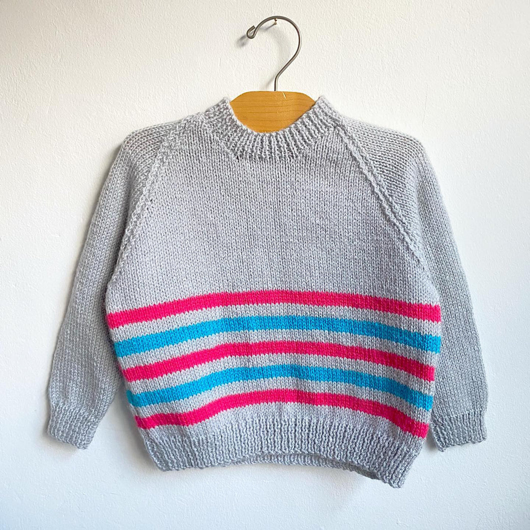 Cosy soft grey and stripe hand knitted jumper // Approx. 2-3 years