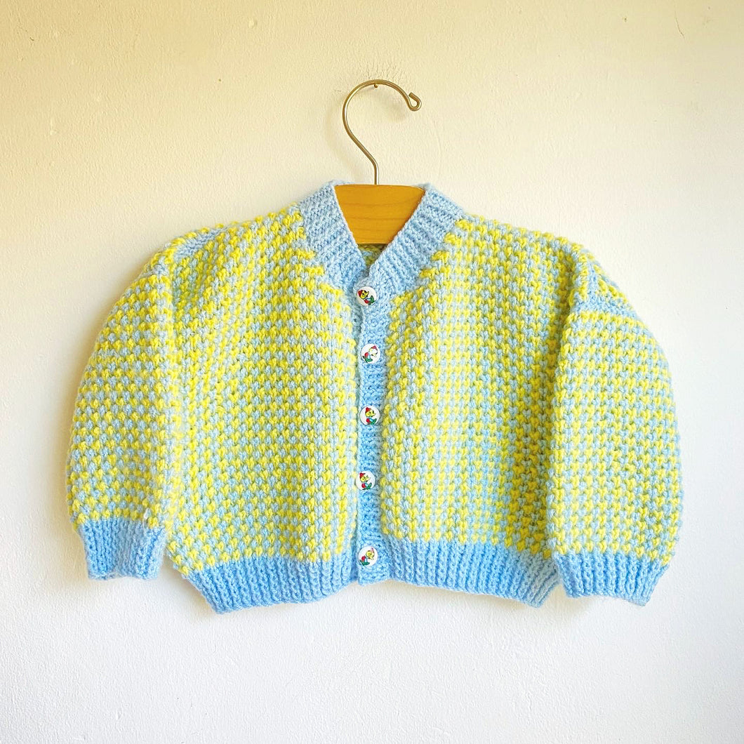 Sweetest buttercup yellow and blue hand knitted cardigan // Approx. 12 months+
