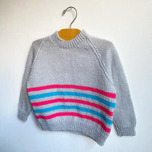 Load image into Gallery viewer, Cosy soft grey and stripe hand knitted jumper // Approx. 2-3 years
