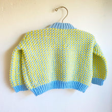 Load image into Gallery viewer, Sweetest buttercup yellow and blue hand knitted cardigan // Approx. 12 months+
